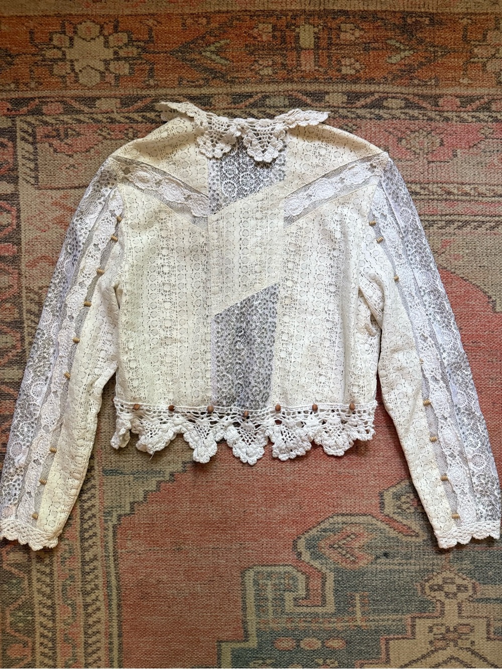Vintage Sandy Starkman Lace Crochet Tie-Front Boho Top in Cream - Picture 5 of 5